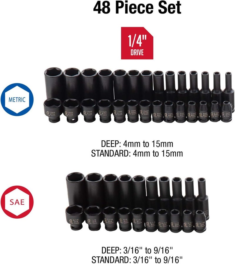 Sunex 1848 1/4 Inch Drive Master Impact Socket Set - 48-Piece SAE/Metric with Heavy Duty Storage Case - Image 2